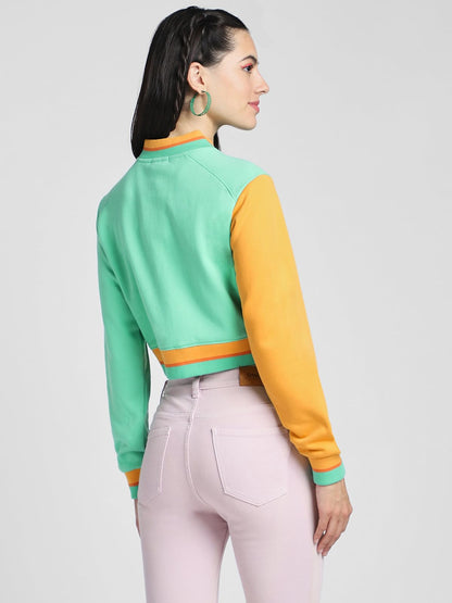 Juneberry Cotton Poly Fleece Regular Fit Multicolor Colorblocked Printed Full Sleeve Cropped Jacket For Women & Girls (Jjk0423Mc