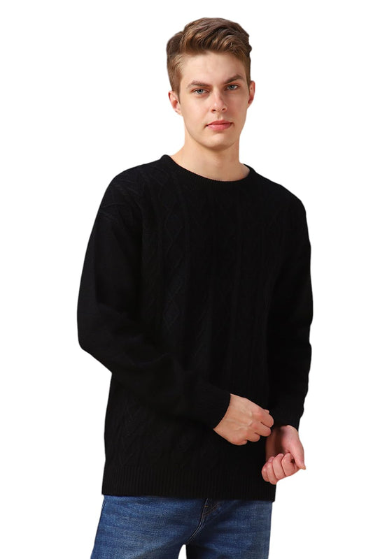 Dennis Lingo Men Black Solid Acrylic Relaxed Fit Full Sleeve Sweater