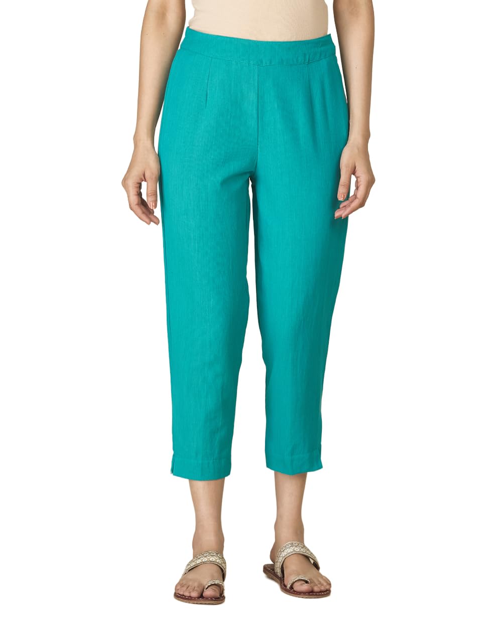 Fabindia Women Elasticated Casual Slim Fit Pant Cotton_28 Aqua