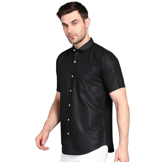 Mildin MenS Cotton Blend Solid Shirt With Spread Collared Half Sleeve Curved Hemline Button Closure Regular Fit And One Pocket