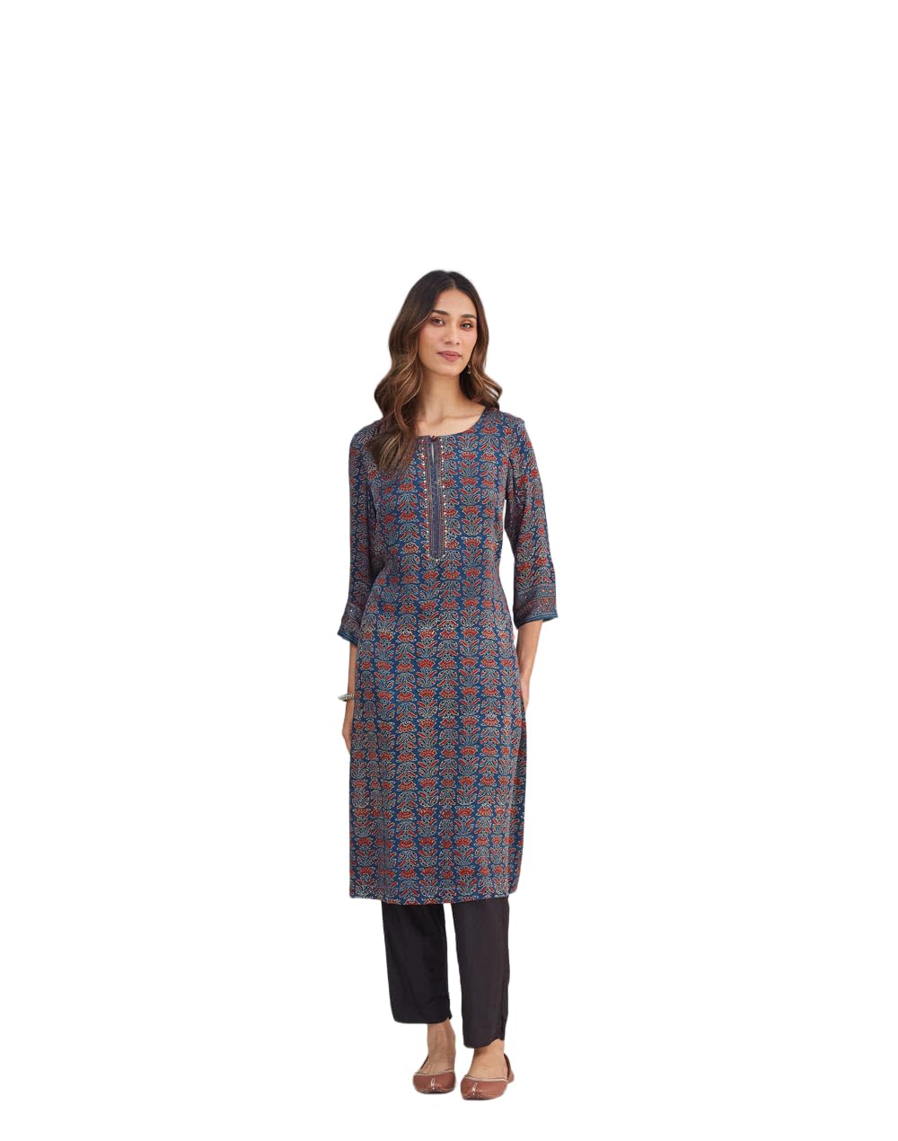 Fabindia Women's Indigo Viscose Blend Printed Regular Fit Long Kurta