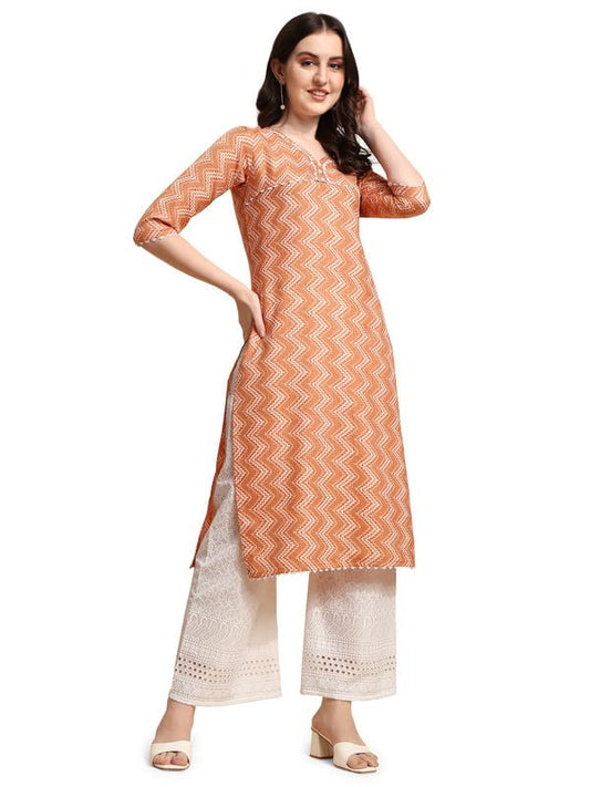 Nainvish Women'S Cotton Blend Straight V-Neck Printed Kurta (Sd421_K-Xxl._Orange)