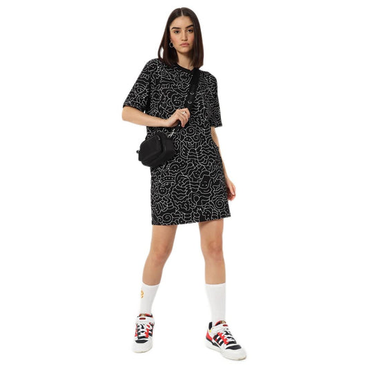 Bewakoof Womens All Over Print Black Round Neck Half Sleeve Relaxed Fit Dress
