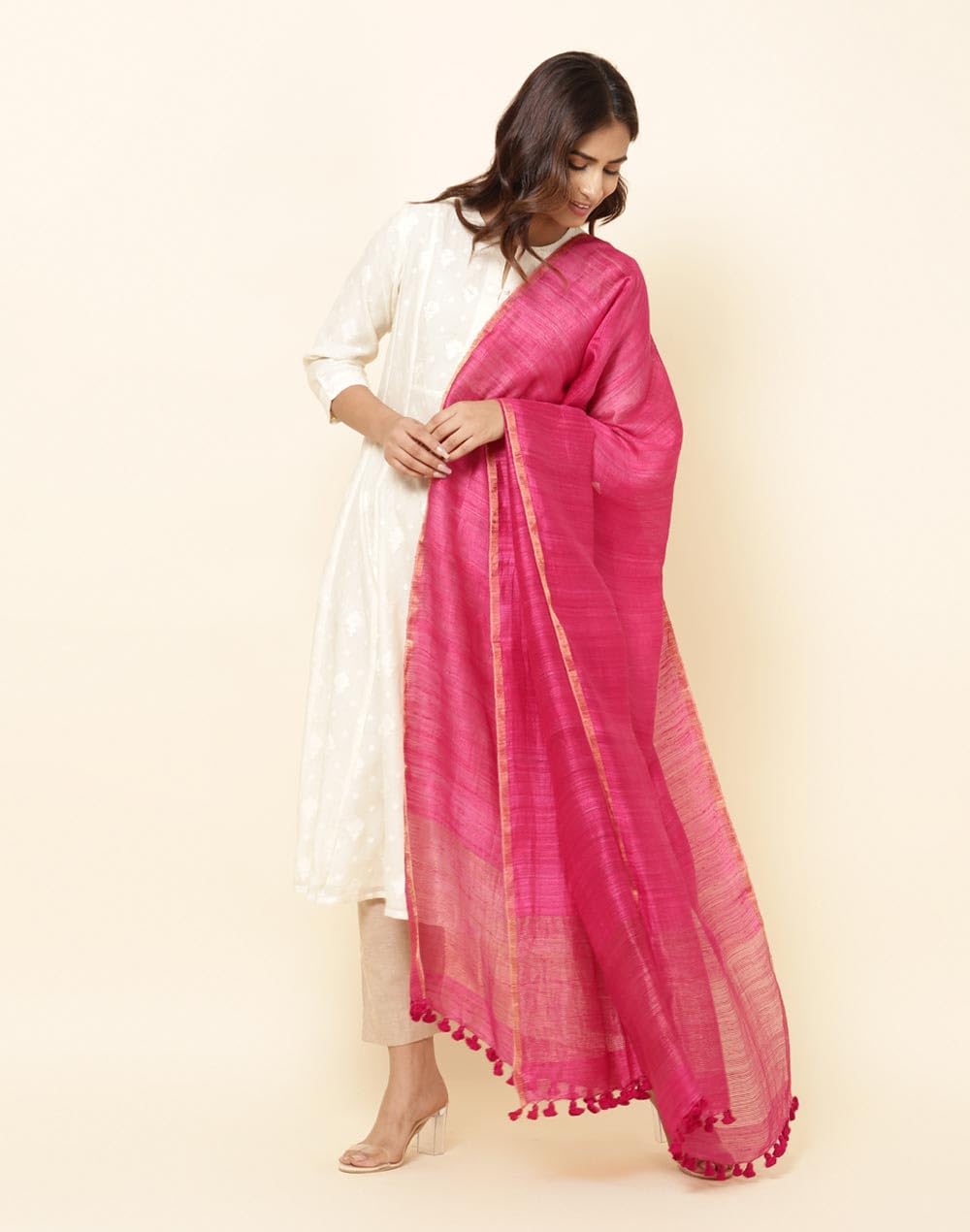 Fabindia Pink Silk Hand Woven Dupatta | Free Size | Celebration | 1 Dupatta - 2113000MAGENTA