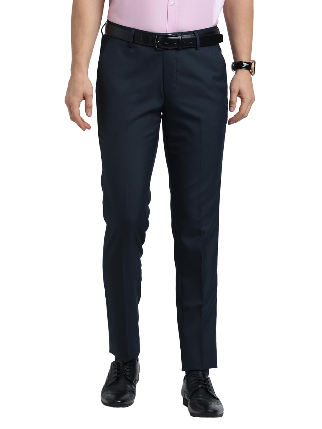 Turtle Men Poly Viscose Navy Blue Solid Slim Fit Formal Trouser
