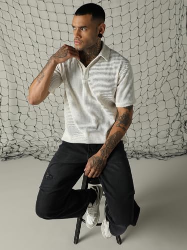 Hubberholme Men Solid Polyster Oversized Fit Collar Short Sleeve T-Shirts Off White