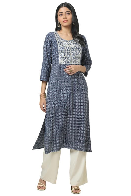 Soch Womens Blue Rayon Ethnic Motifs Kurta with Sequins