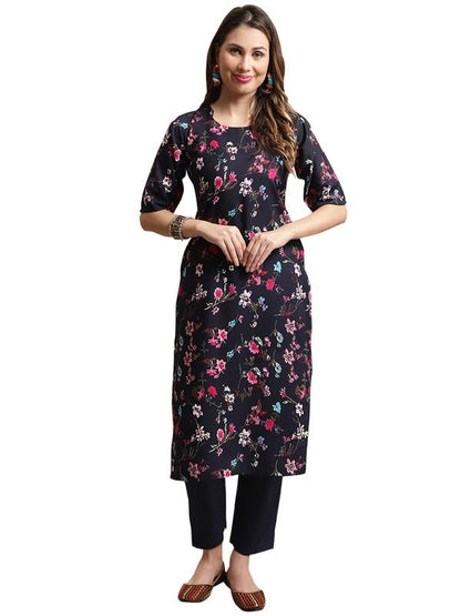 Pinkmint Kurta Set For Women Cotton Printed Knee Length Straight Round Neck Kurti With Pant (Pack Of 1) Purple-Blue