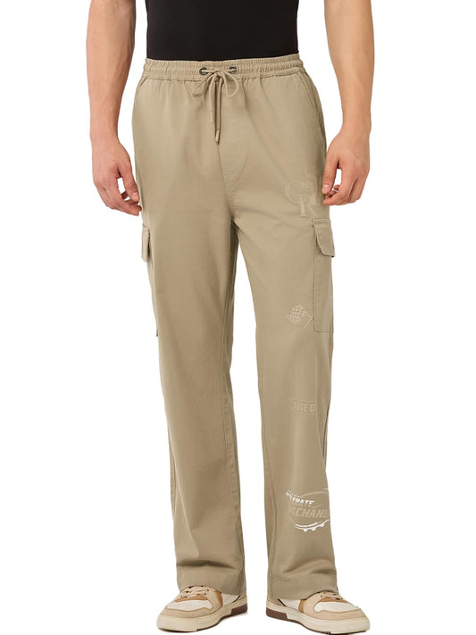 Bewakoof Mens Printed Straight Fit Cotton Lycra Blend Cargo Pants_664153_Beige_32