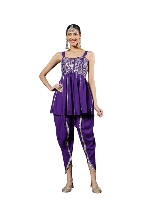Stylum Womens Solid & Embroidered Rayon A-Line Kurti Dhoti Pant Set