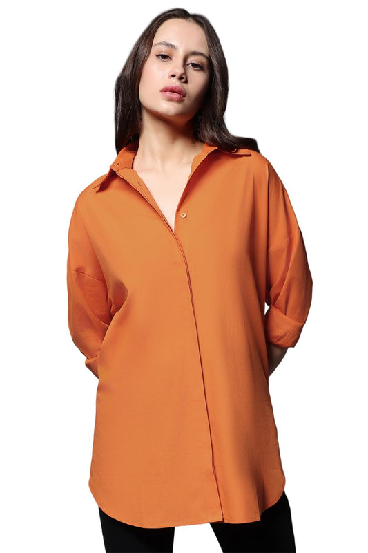 High Star WomenS Cotton Solid Oversized Fit Shirt (Hswshs23001_Orange)
