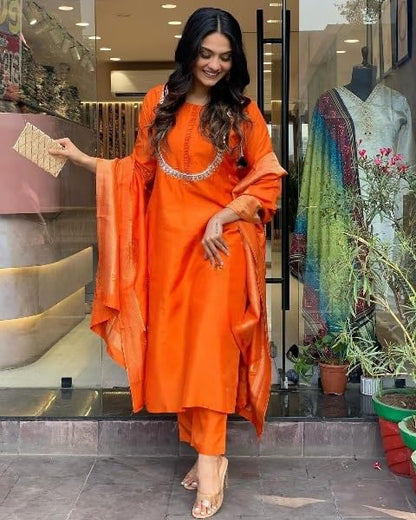 LookMark Womens Silk Blend Kurta Pant with Jacquard Dupatta Set and Khatali Work Suitable for Every Indian Occasion (AZ-LM-OG-K