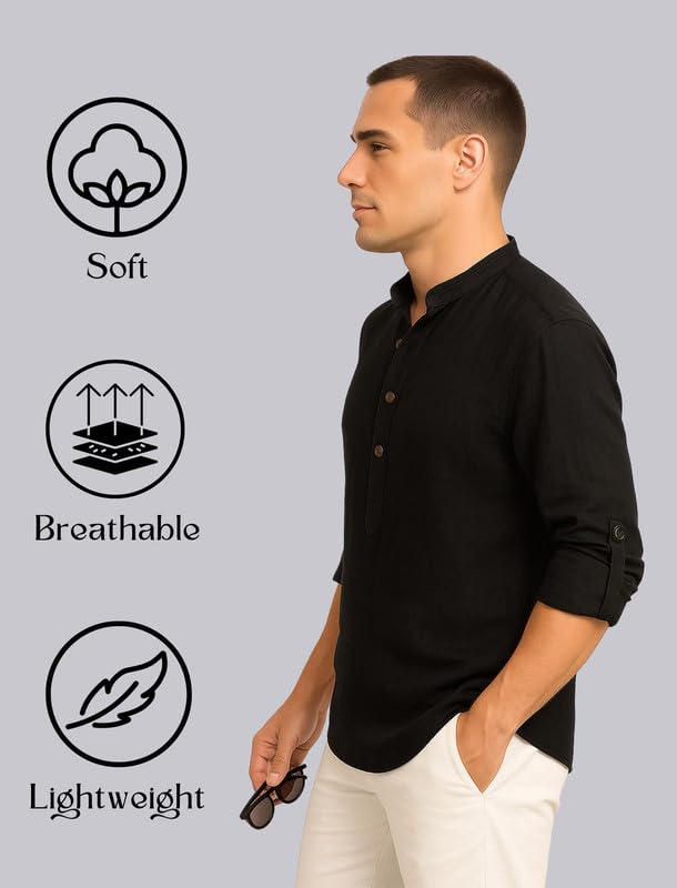 Deelmo MenS Cotton Blend Solid Regular Fit Full Sleeve Short Kurta | MenS Trendy Short Kurta Black