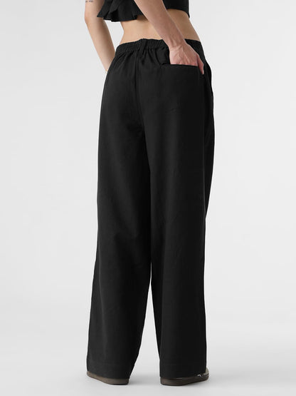 The Souled Store Cotton Linen Pants: Black Women and Girls Buttoned Coton Linen Blend Straight Fit Pants