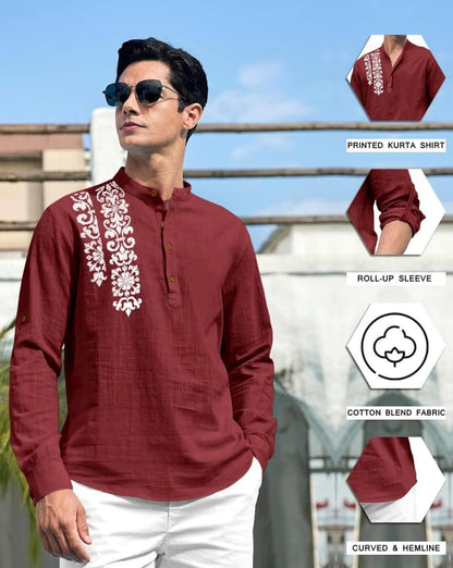 Finivo Fashion MenS Cotton Blend Short Kurta Shirt | Casual Ethnic Wear With Roll-Up Sleeves & Mandarin Collar | Comfortable Fi