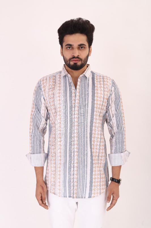 Brown Culture MenS Cotton Blend Abstract Print Shirt With Spread Collared Full Sleeves Standard Length And Button Down Closure