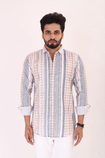 Brown Culture MenS Cotton Blend Abstract Print Shirt With Spread Collared Full Sleeves Standard Length And Button Down Closure