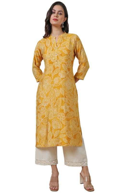 Soch Womens Yellow Viscose Blend Botanical Print Kurta