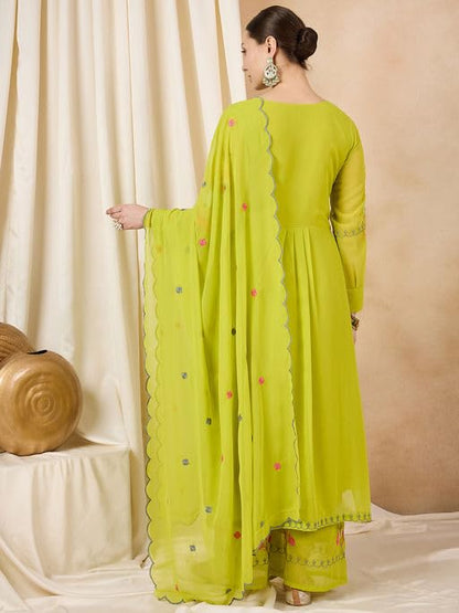 Wedani Goergette Embroidered Kurta Set For Women Green