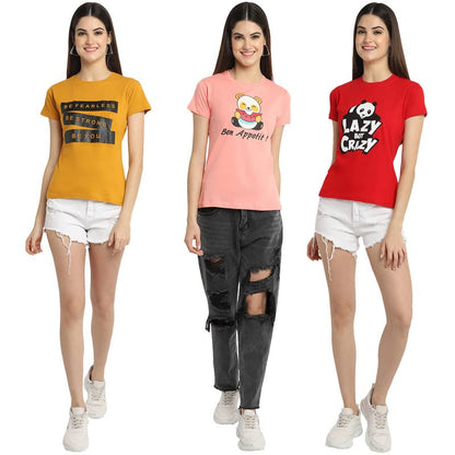 Preneum Womens Cotton Regular Fit Latest Graphic Stylish Printed Short Sleeves Casual T-Shirt || Latest Trendy & Style (Pack 3)