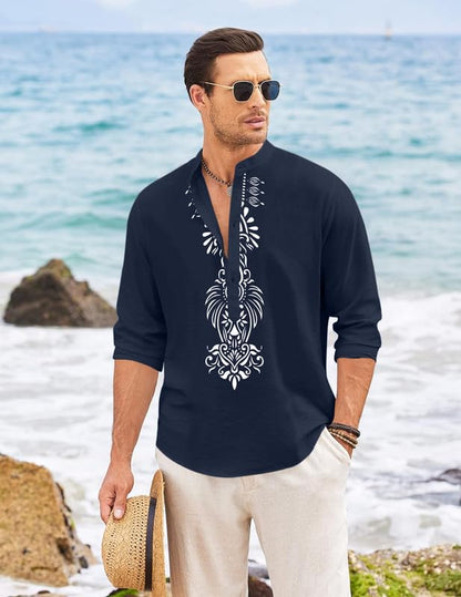 Finivo Fashion MenS Cotton Blend Short Kurta With Bold Printed Front Design | Full Sleeve Ethnic Casual Kurta With Mandarin Coll