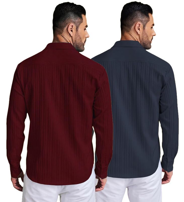 Deelmo Combo Of MenS Casual Button Down Shirts Long Sleeve Linen Shirt Fashion Textured Summer Shirts Pack Of 2
