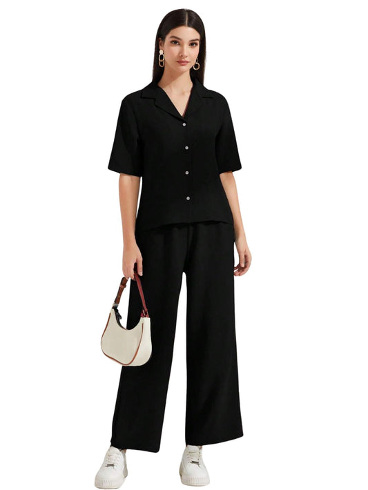Toplot WomenS Solid Color Co-Ord Set | Short Sleeve Top & Wide Leg Pants Coord Set | Casual Wear Co-Ord Set (Pop-Coord-5232-Bla
