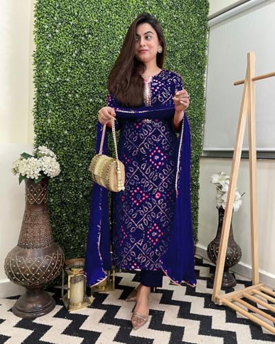 GoSriKi Printed Viscose Rayon Kurta Set for Women - Blue, Size 50, Model TURAE RED-GS with Trousers and Dupatta