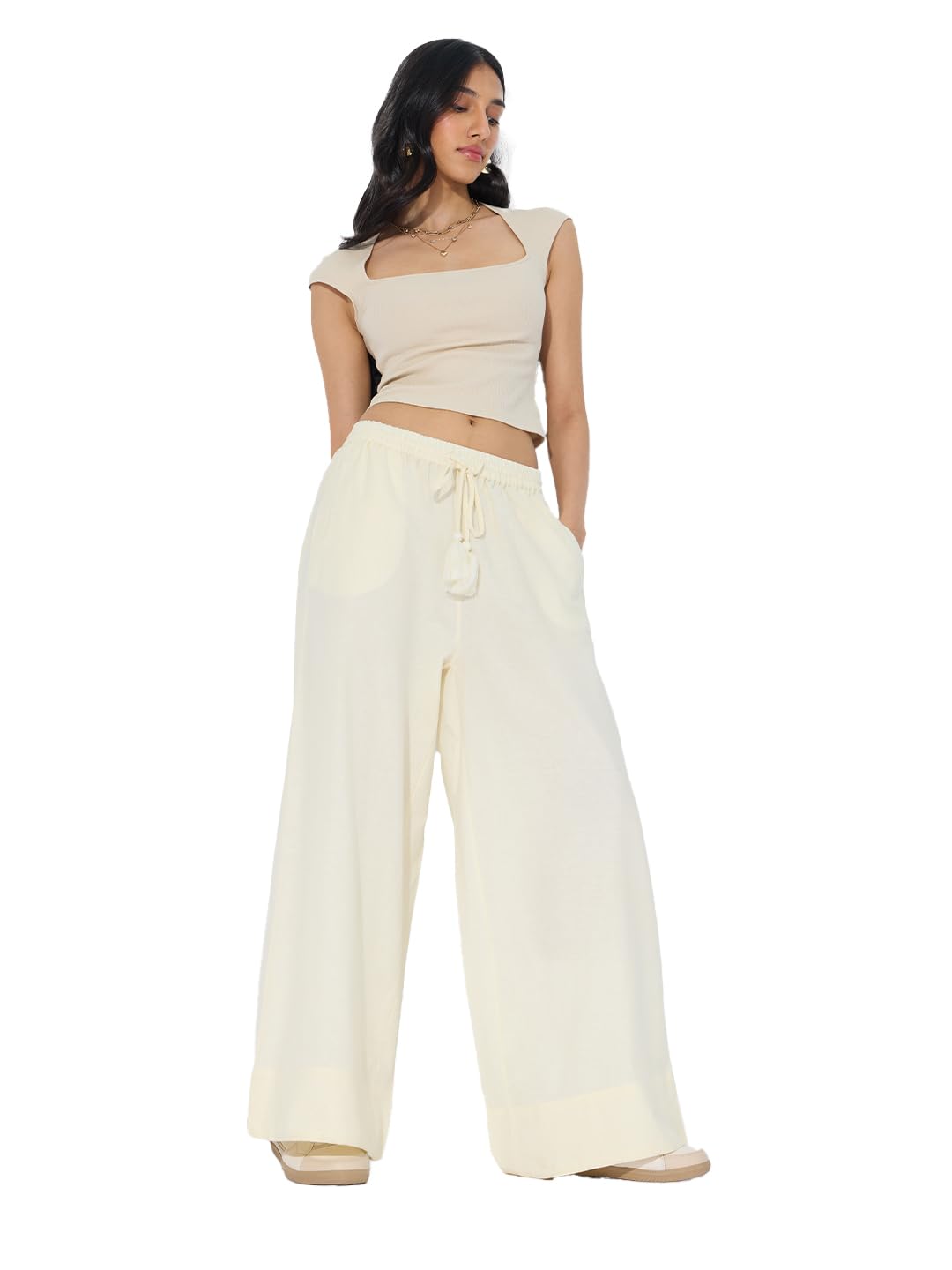 The Souled Store Cotton Linen Pant: Pristine Women and Girls Drawstringed Wide Leg Fit Cotton Linen Pants