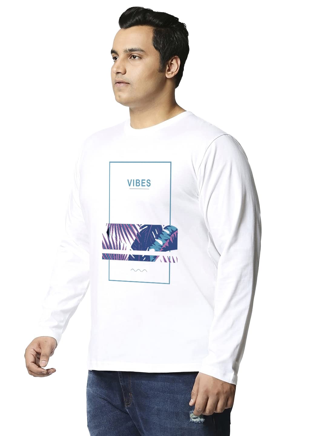 Bewakoof Mens Vibes Graphic Printed Plus Size T-Shirt, Regular Fit, Round Neck, Full Sleeve_590090_White_3XL