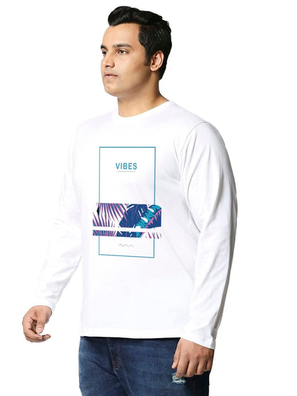 Bewakoof Mens Vibes Graphic Printed Plus Size T-Shirt, Regular Fit, Round Neck, Full Sleeve_590090_White_3XL