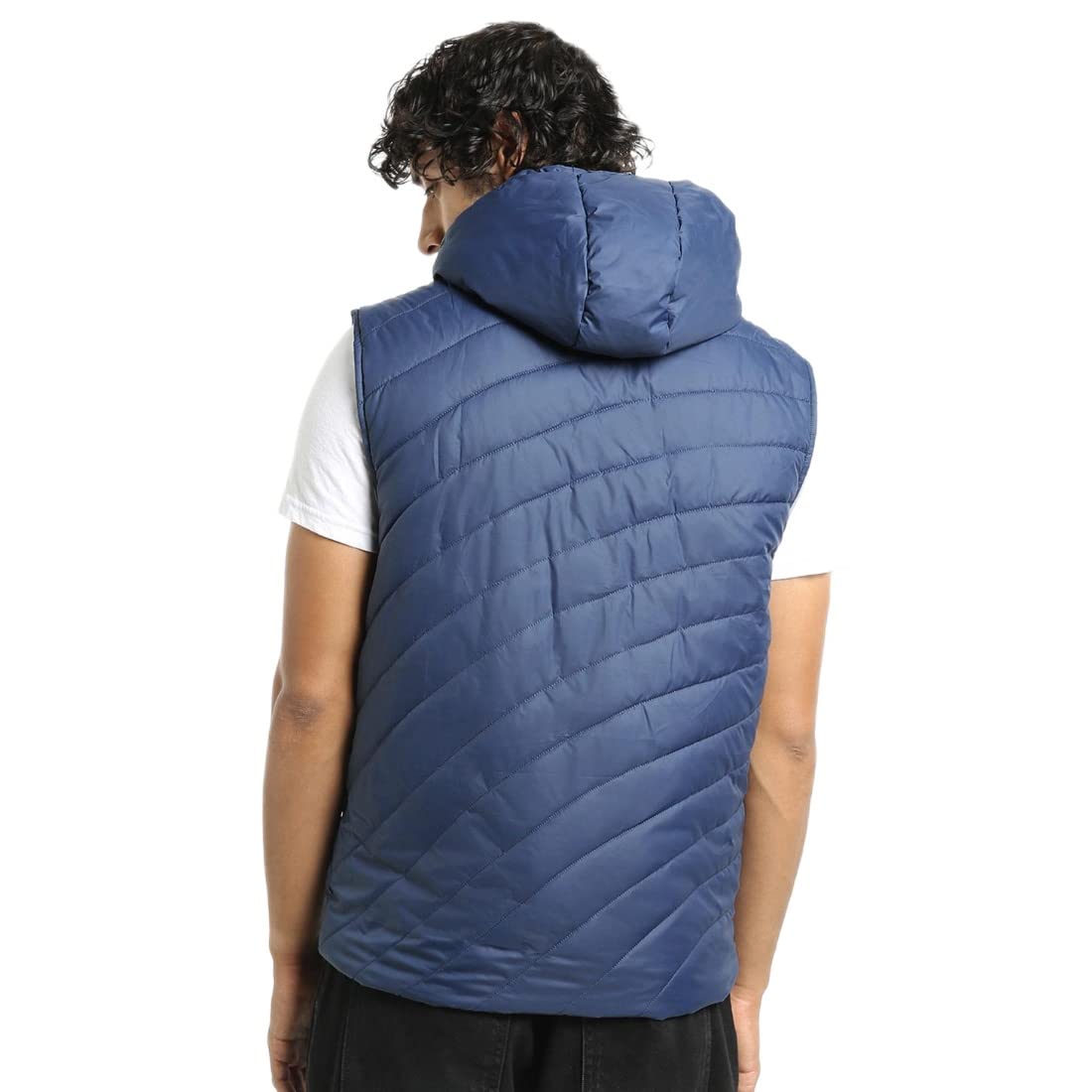 Bewakoof Mens Solid Regular Fit Sleeveless Hooded Nylon Puffer Jacket