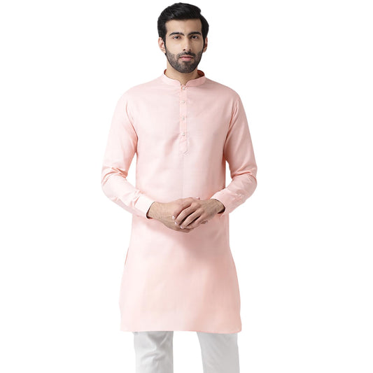 Kisah Men Light Pink Thread Work Kurta Full Sleaves, Knee Length, Straight, Regular Fit, Mandarin Collar Ethnic Wear