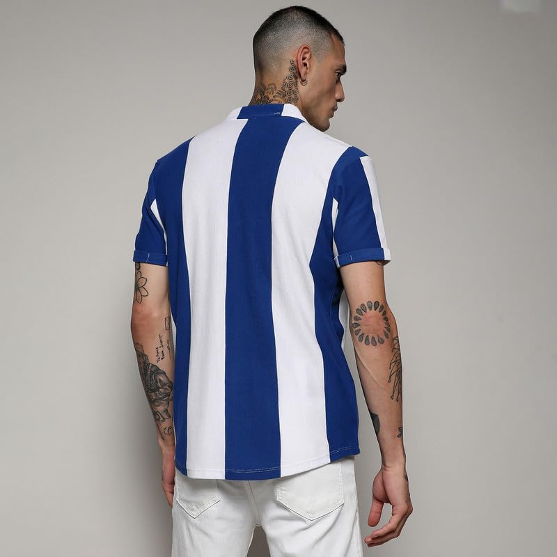 Campus Sutra Mens Chalk White & Royal Blue Balanced Striped Shirt for Casual Wear | Mandarin Collar | Short Sleeve | Button Clo