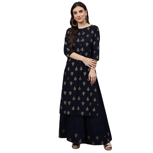 idaLia Cotton Printed A-Line Kurta Set with Skirt - Long Kurta with Skirt - Skirt and Kurta Set for Wedding, 3/4th Sleeve, Round Neck, Calf Length