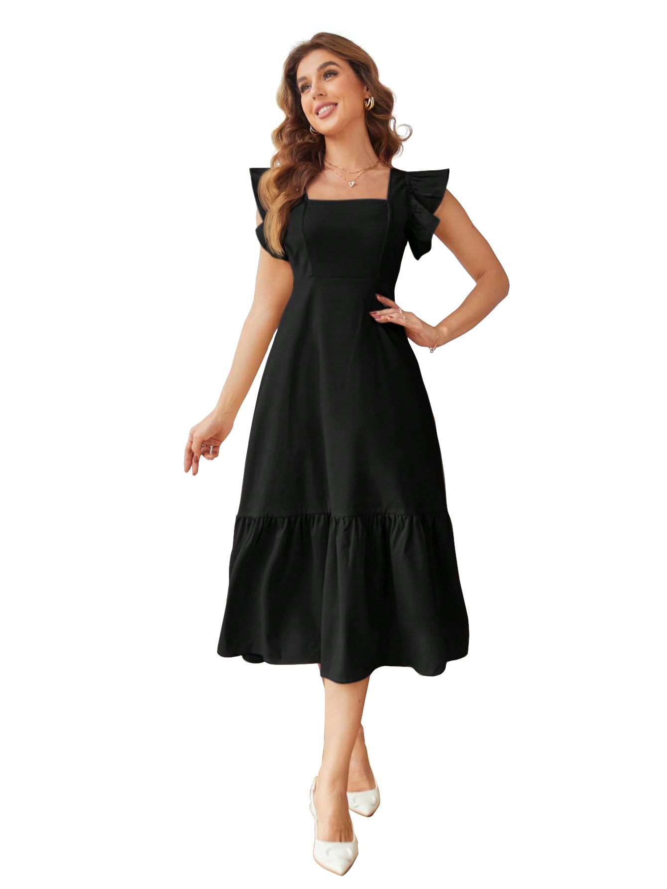 Shasmi GirlS & WomenS Solid Black Color Square Neck, Ruffle-Trimmed Hem Sleeveless, Ruffle Armhole And Casual Dress With Cinch