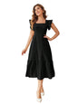 Shasmi GirlS & WomenS Solid Black Color Square Neck, Ruffle-Trimmed Hem Sleeveless, Ruffle Armhole And Casual Dress With Cinch