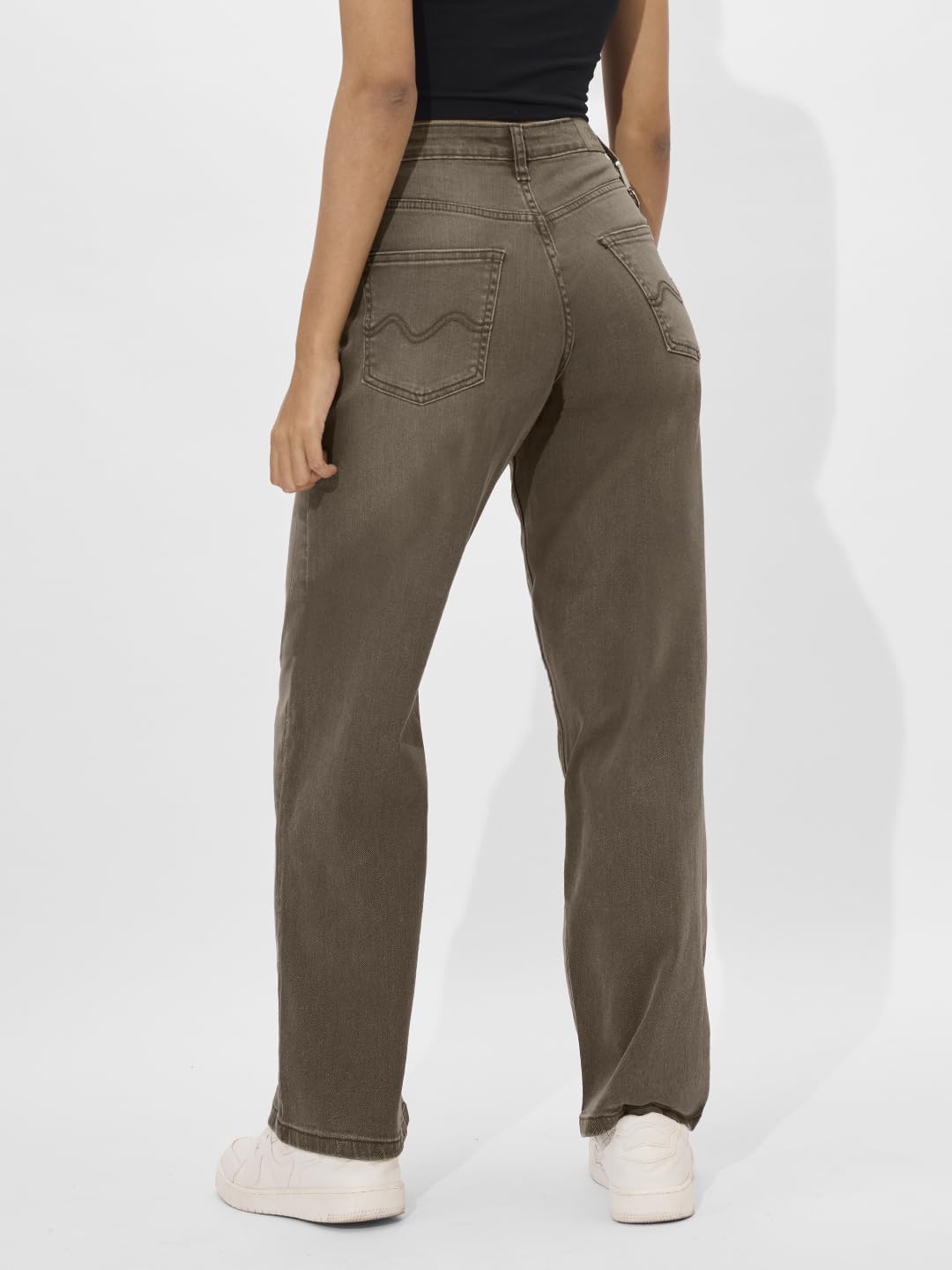 The Souled Store Solids: Faded Brown Straight Fit Wide Leg Cotton Blend Jeans for Women and Girls - Embrace Comfort and Style in