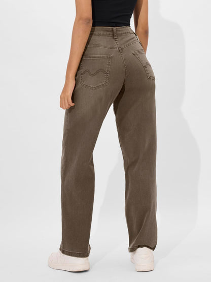 The Souled Store Solids: Faded Brown Straight Fit Wide Leg Cotton Blend Jeans for Women and Girls - Embrace Comfort and Style in