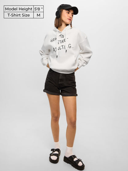 The Souled Store Originals: Adulting Women and Girls Soft Long Sleeve Zipper Front Cotton Blend Oversized Hoodies White
