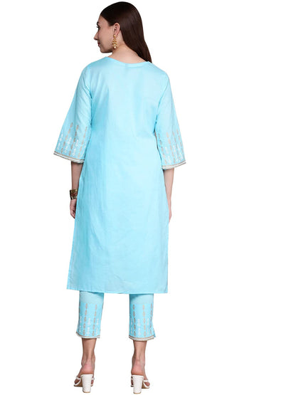 ZIYAA Solid Regular Women's Sky Blue Cotton Straight Kurta and Pant Set