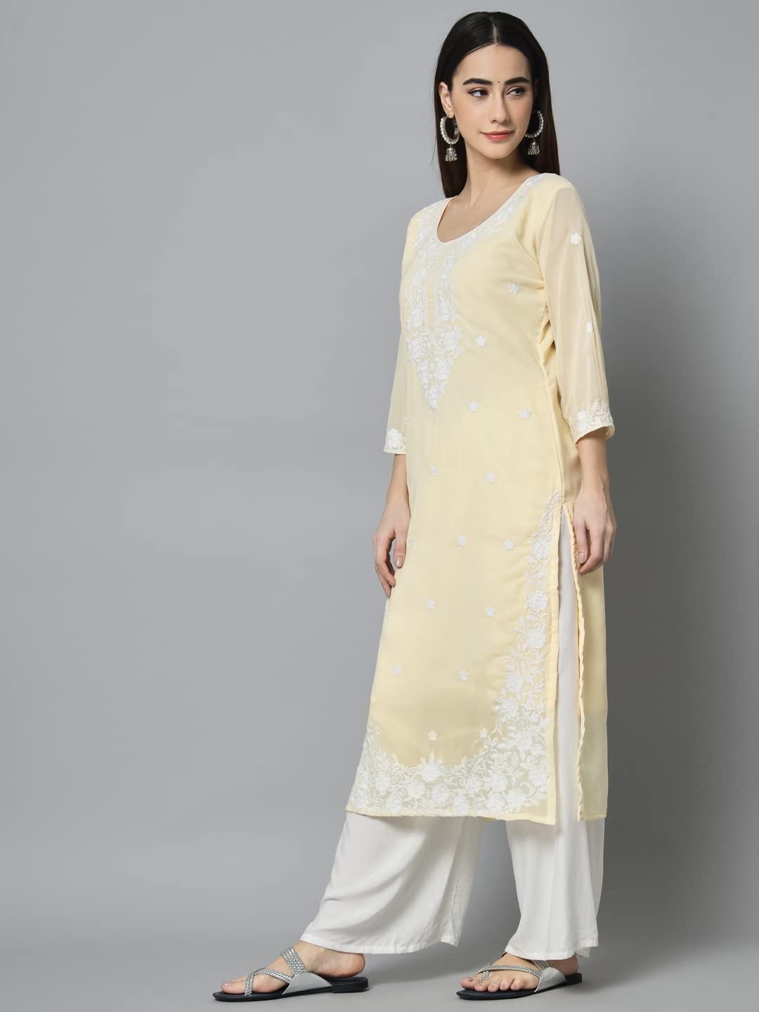 Ekasya Womens Georgette Straight Cut Round Neck Kurta with Beautiful Floral Lucknowi Work (E1542) Yellow