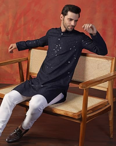 Toplot Kurta For Men || MenS Ethnic Wear Sequin Embroidered Cotton Blend Kurta Set || MenS Kurta (Men-Seq-Kurta-Set-5209-Navy-