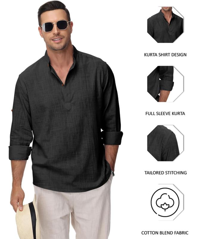 ROYALSCOUT Mens Cotton Polyester Blend Solid Regular Fit Full Sleeve Short Kurta Black