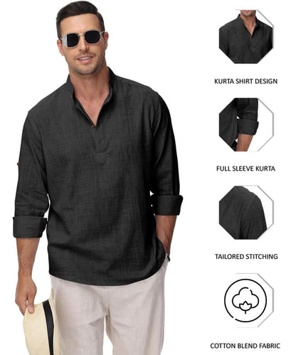 ROYALSCOUT Mens Cotton Polyester Blend Solid Regular Fit Full Sleeve Short Kurta Black