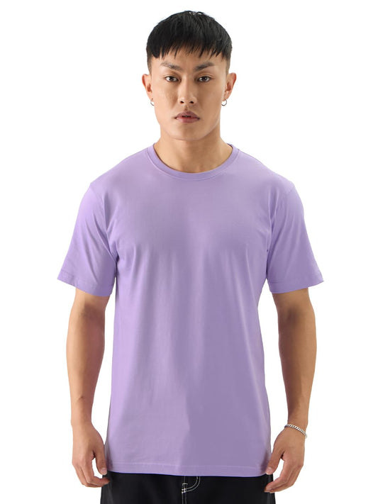 The Souled Store Solids: Deep Lavender Men and Boys Round Neck Short Sleeve Cotton Regular Fit T-Shirts