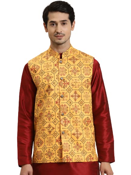 Sojana (Since 1958) Men's Cotton Linen Yellow & Multi Printed ONLY Nehru Jacket