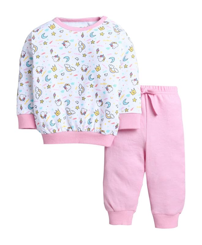BUMZEE Baby Girls Cotton Round Neck Full Sleeves Animal Print T-Shirt & Jogger Set White & Baby Pink - 18-24 Months (Peb11086E-w