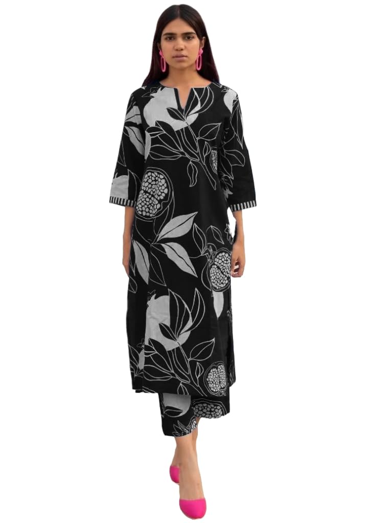 Gosriki WomenS Cotton Blend Straight Printed Kurta With Pant (Anaar-Black-Nw-Gs_S_Black_Small)