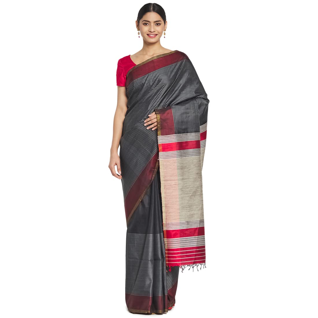 Fabindia Women Striped Silk Sari Black_Freesize